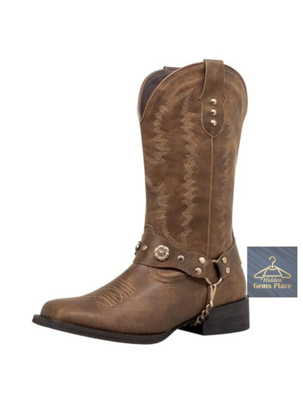 Womens Cowboy Boots Wide Calf Square Toe Harness Western Boots Faux Leather